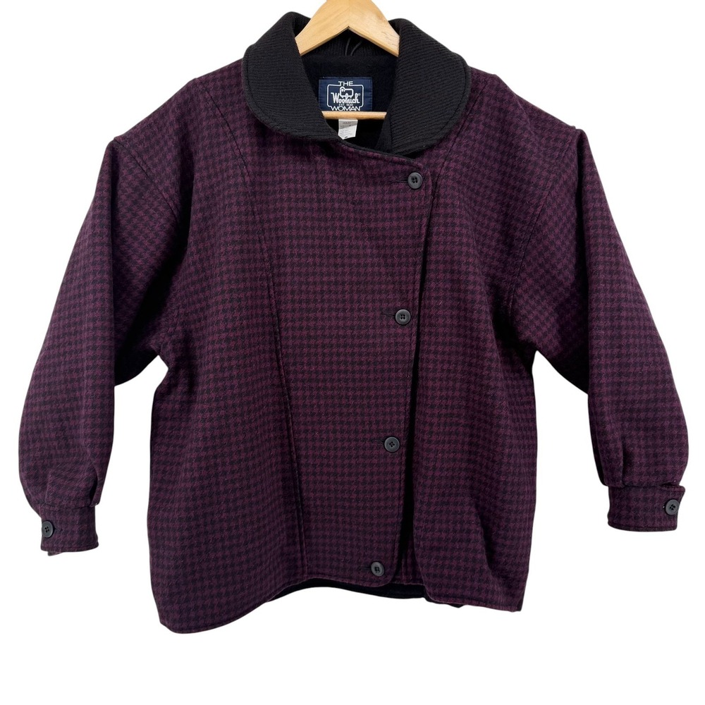 Woolrich Woman Vintage Houndstooth Wool Blend Jacket Burgundy‎ Made in USA M